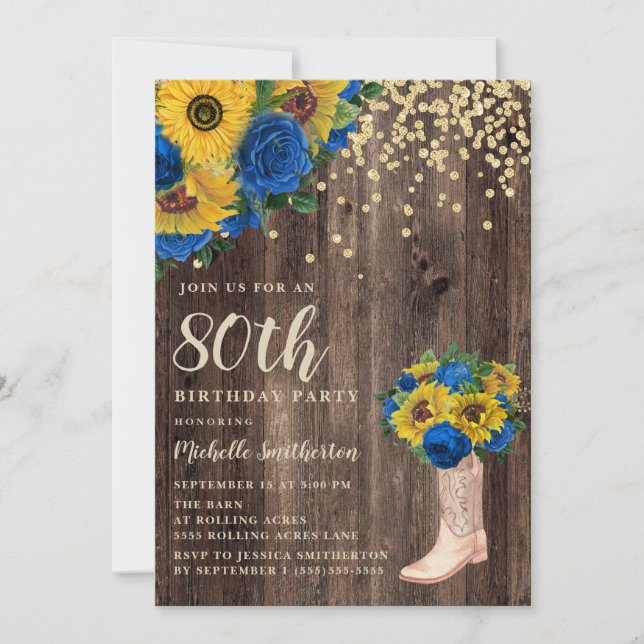 Rustic Sunflower Blue Roses Boots 80th Birthday Invitation (Front)