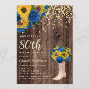Rustic Sunflower Blue Roses Boots 80th Birthday Invitation