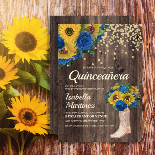 Rustic Sunflower Blue Roses Boots Quinceañera Invitation (Sunflowers, blue roses, and cowgirl boots on rustic wood Quinceanera invitation)