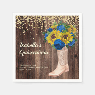 Rustic Sunflower Blue Roses Boots Quinceañera Napkin