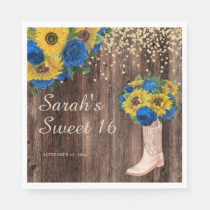 Rustic Sunflower Blue Roses Boots Sweet 16 Napkin
