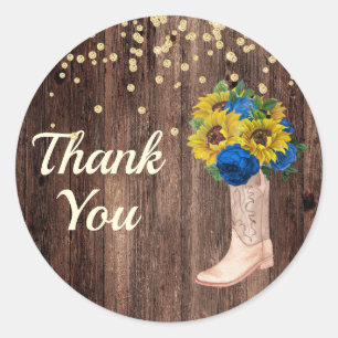 Rustic Sunflower Blue Roses Boots Thank You Classic Round Sticker
