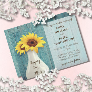 Rustic Sunflower Blue Wood Wedding  Invitation