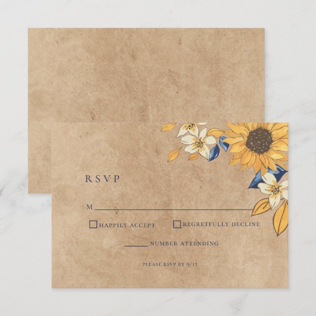 Rustic Sunflower Blue Yellow Wedding RSVP Card (Front/Back)