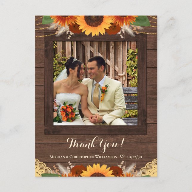 Rustic Sunflower Boho Rose Wedding Thank You Photo Postcard (Front)