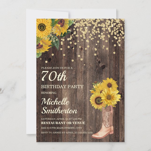 Rustic Sunflower Boots Glitter 70th Birthday Invitation (Front)