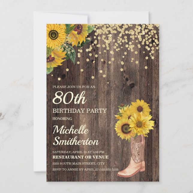 Rustic Sunflower Boots Glitter 80th Birthday Invitation (Front)