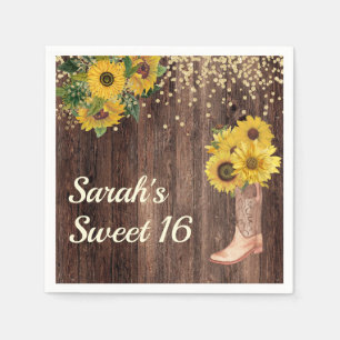 Rustic Sunflower Boots Glitter Sweet 16 Birthday Napkin