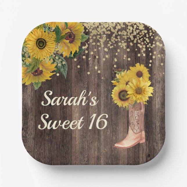 Rustic Sunflower Boots Glitter Sweet 16 Birthday Paper Plate (Front)