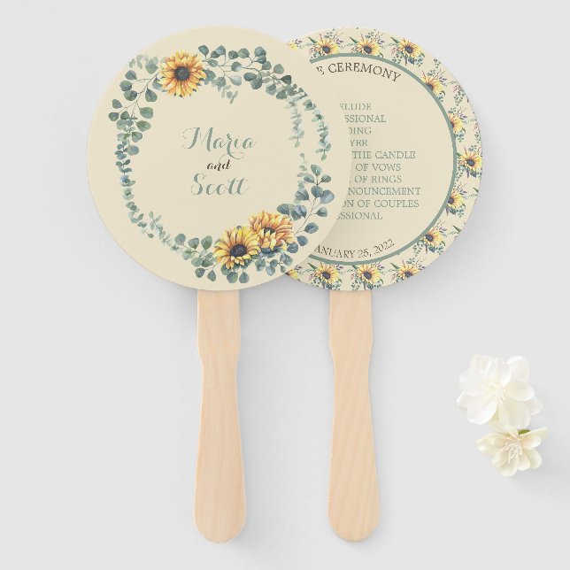 Rustic Sunflower Botanical Wedding Details Hand Fan (Front and Back)