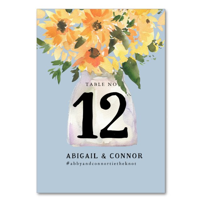 Rustic Sunflower Bouquet Watercolor Table Number (Front)