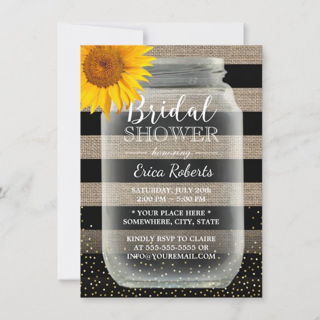 Rustic Sunflower Bridal Shower Mason Jar & Stripes Invitation (Front)