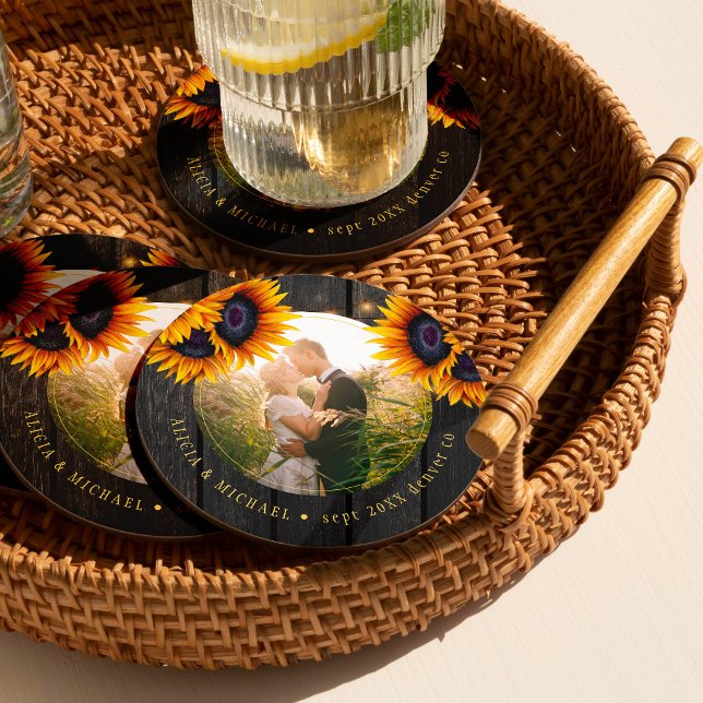 Rustic sunflower bride groom photo wedding favour round paper coaster (Creator Uploaded)