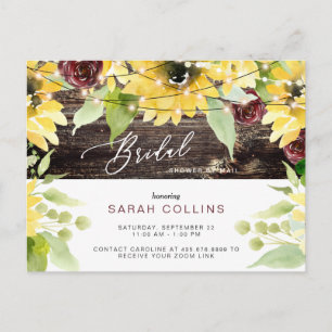 Rustic Sunflower & Burgundy Bridal Shower Invitation Postcard