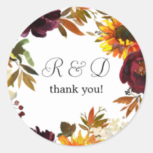 Rustic Sunflower & Burgundy Floral Monogram - Classic Round Sticker