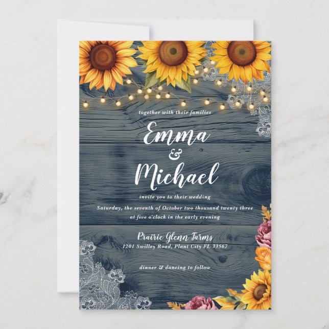 Rustic Sunflower Burgundy Lace Wedding Invitation (Front)