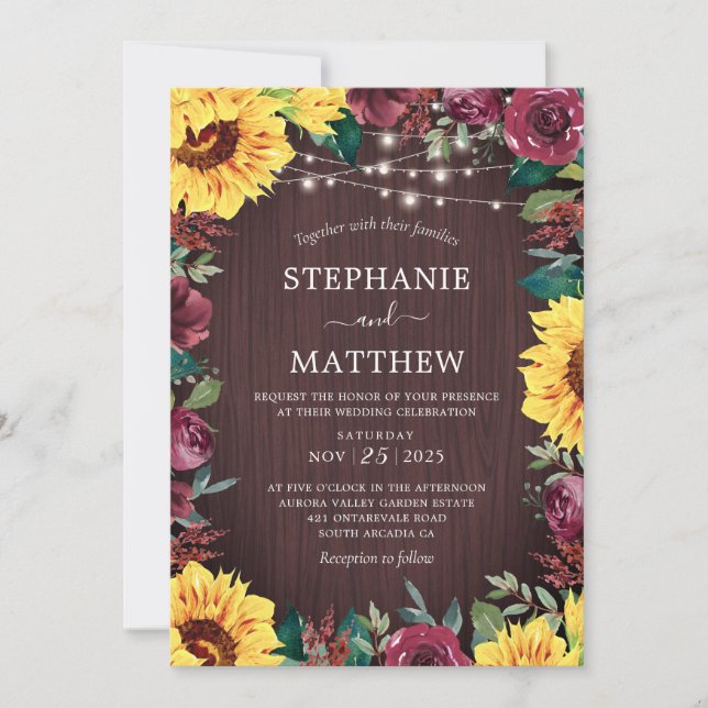 Rustic Sunflower Burgundy Lights Wood Wedding Invitation (Front)