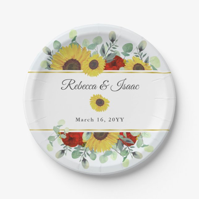 Rustic Sunflower Burgundy Red Floral Wedding Paper Plate (Front)