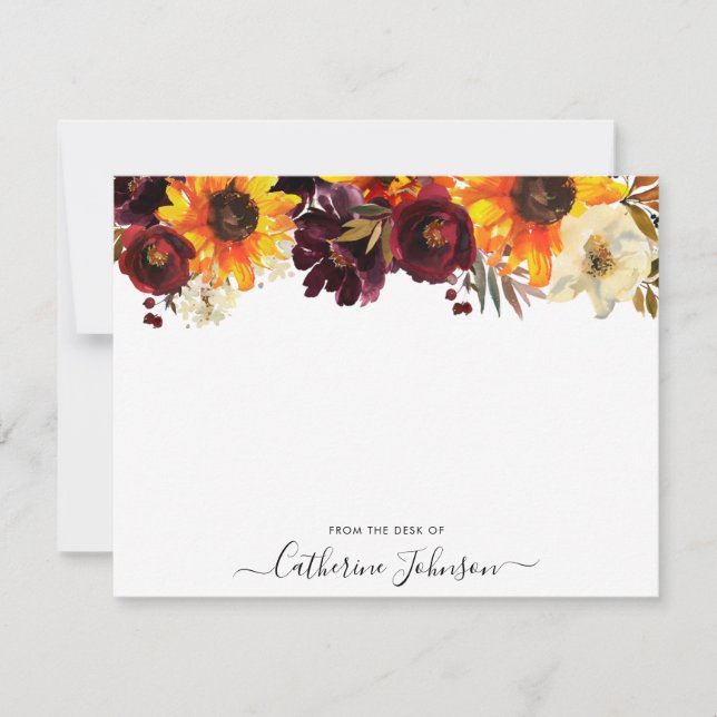 Rustic Sunflower Burgundy Rose Floral Watercolor Card (Front)