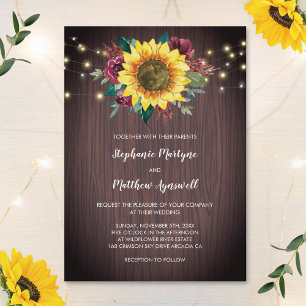 Rustic Sunflower Burgundy Rose Wood Lights Wedding Invitation