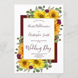 Rustic Sunflower Burgundy Roses Country Wedding Invitation