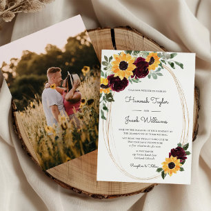 Rustic Sunflower & Burgundy Roses Photo Wedding Invitation
