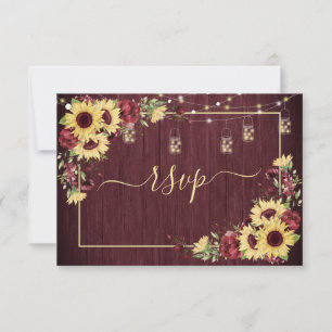 Rustic Sunflower Burgundy Wood Floral RSVP +Menu