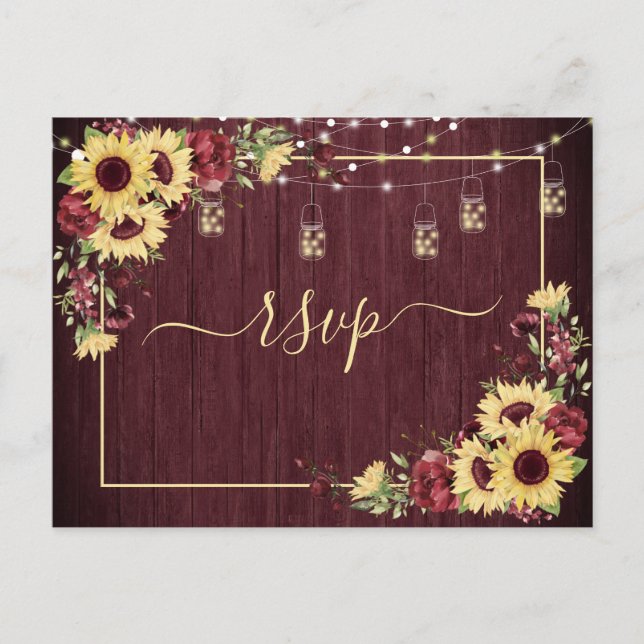 Rustic Sunflower Burgundy Wood Floral RSVP +Menu Invitation Postcard (Front)