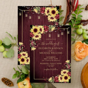 Rustic Sunflower Burgundy Wood Floral Wedding Invitation