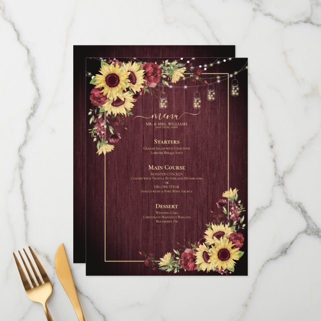 Rustic Sunflower Burgundy Wood Floral Wedding Menu (Front/Back In Situ)
