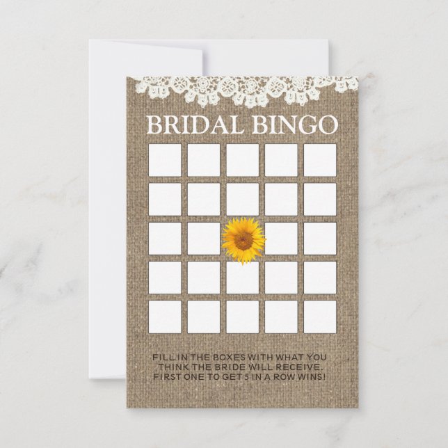 Rustic Sunflower Burlap Bridal Shower Bingo Cards (Front)