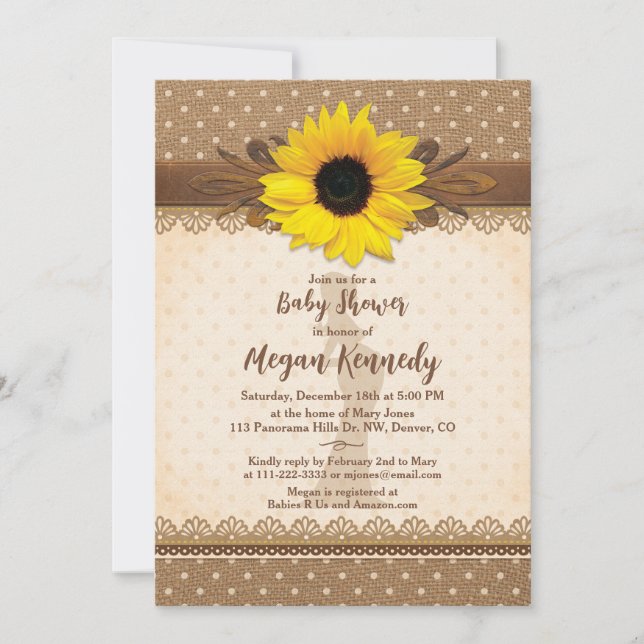 Rustic Sunflower Burlap Polka Dot Baby Shower Invitation (Front)