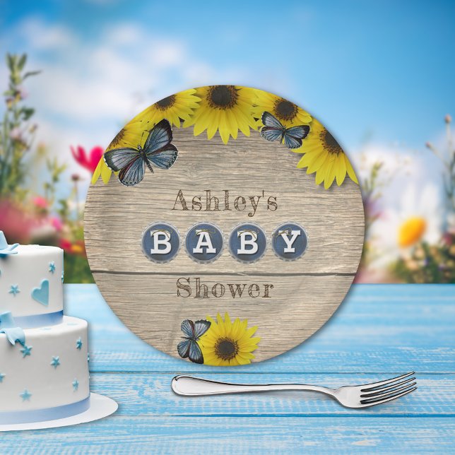 Rustic Sunflower Butterflies Baby Shower Paper Plate (Creator Uploaded)