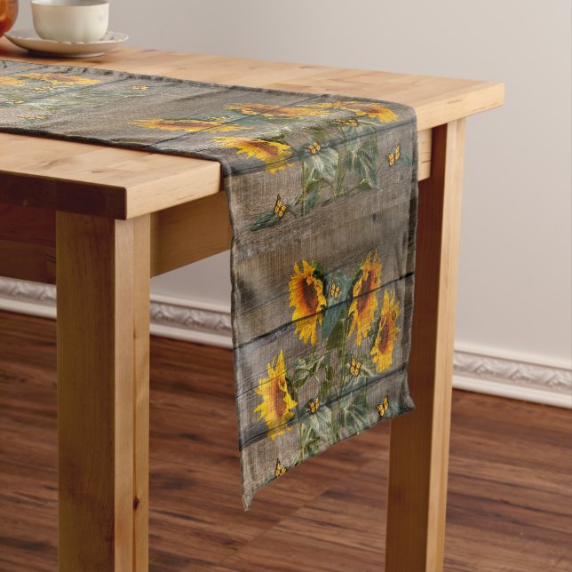 Rustic Sunflower Butterflies Barn Board Short Table Runner (In Situ)