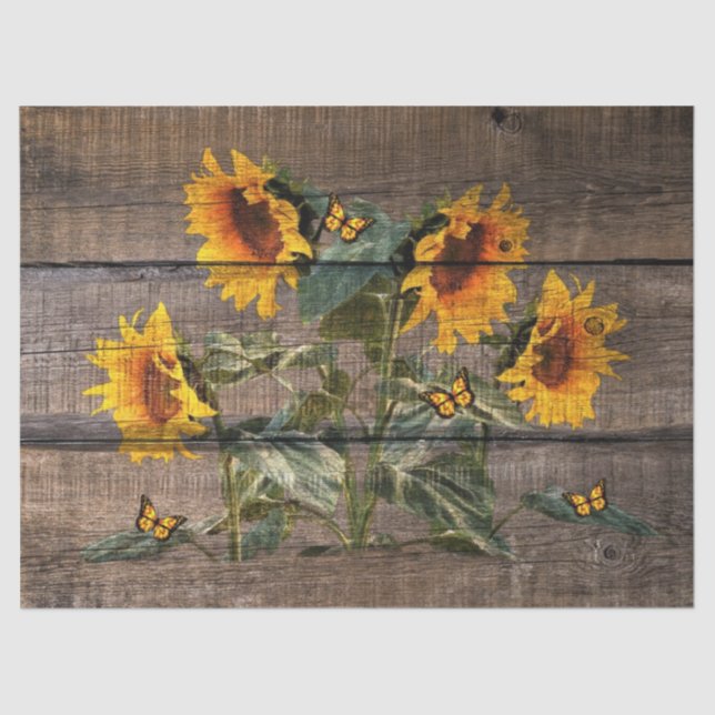 Rustic Sunflower Butterflies Barn Board Tissue Paper (Front)