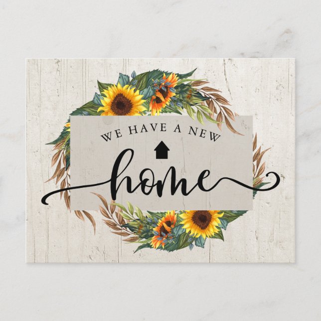 Rustic Sunflower Calligraphy Moving Announcement Postcard (Front)