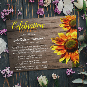 Rustic Sunflower Celebration of Life   Funeral Invitation