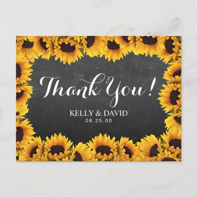 Rustic Sunflower Chalkboard Wedding Thank You Postcard (Front)