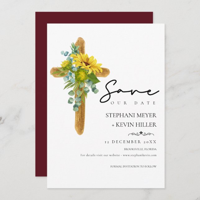 Rustic Sunflower Christian Cross Burgundy Wedding Save The Date (Front/Back)