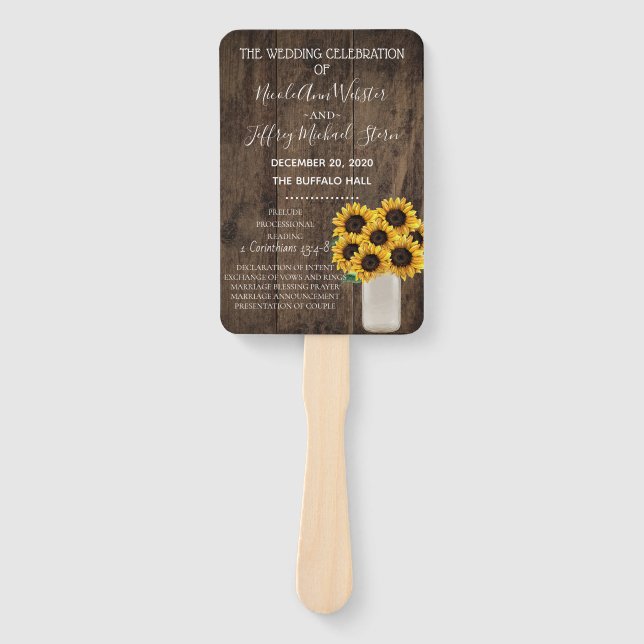 Rustic Sunflower Country Barn Wedding Program Hand Fan (Front)