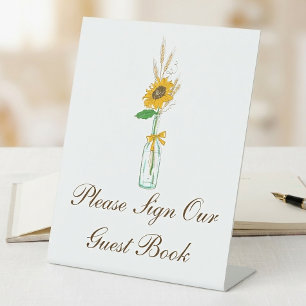 Rustic Sunflower Country Floral Wedding Guestbook Pedestal Sign