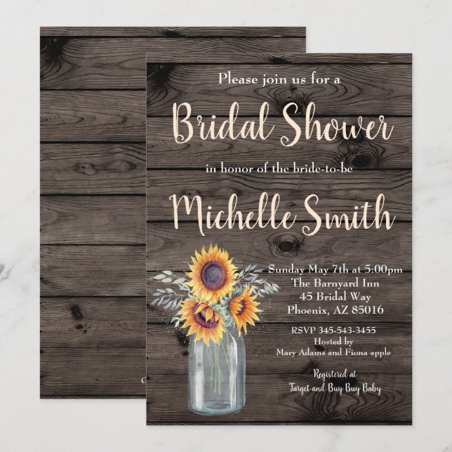 Rustic Sunflower Country Floral Wood Bridal Shower Invitation (Front/Back)