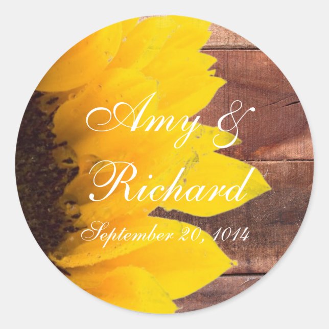 Rustic Sunflower Country Wedding Classic Round Sticker (Front)