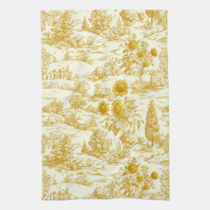 Rustic Sunflower Countryside Toile in Warm Tones Tea Towel