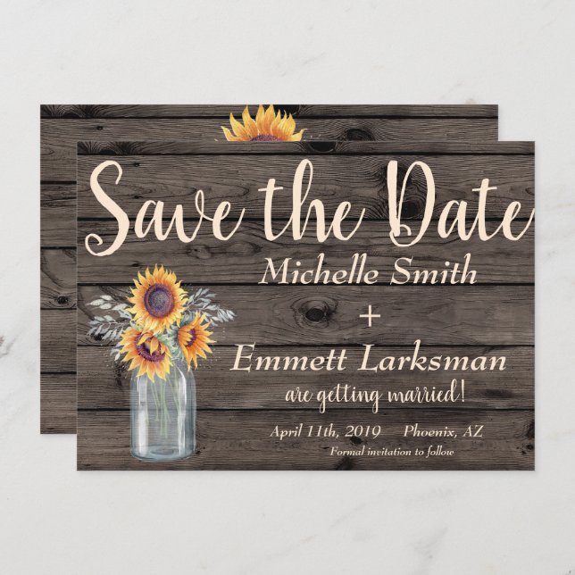 Rustic Sunflower CountryVintage Wood Save the Date Invitation (Front/Back)