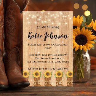 Rustic Sunflower Cowboy Boots Graduation Party Invitation