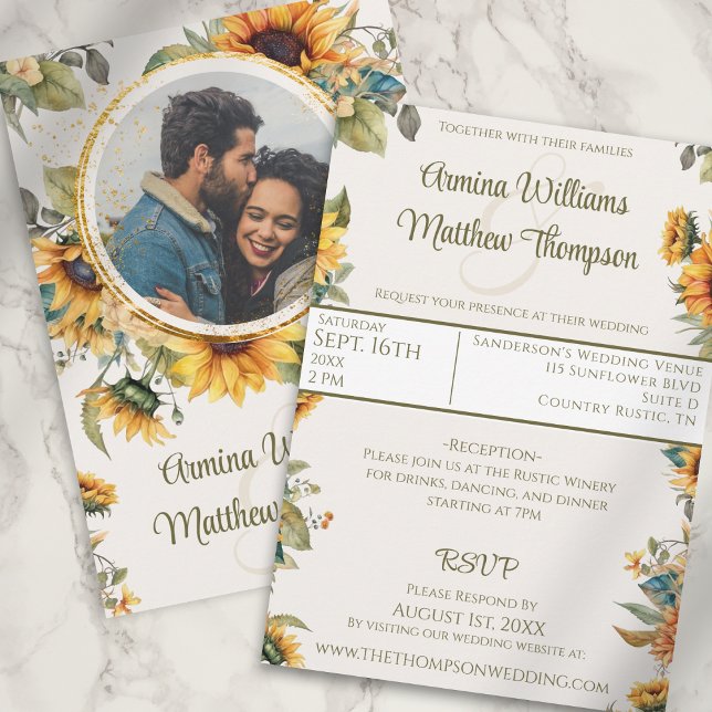 Rustic Sunflower Cream Photo Wedding Invitation (Creator Uploaded)