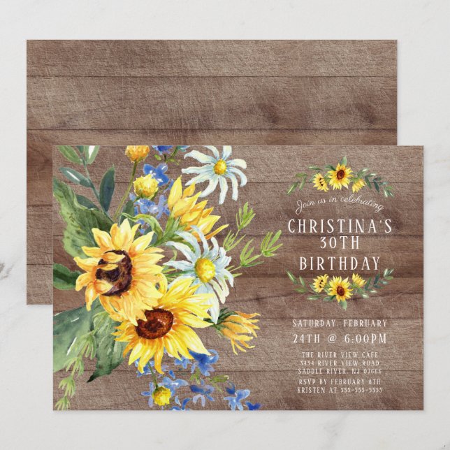 Rustic Sunflower Daisy Birthday Party Invitation (Front/Back)