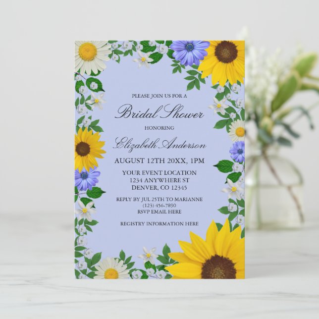 Rustic Sunflower Daisy Floral Bridal Shower Invitation (Standing Front)