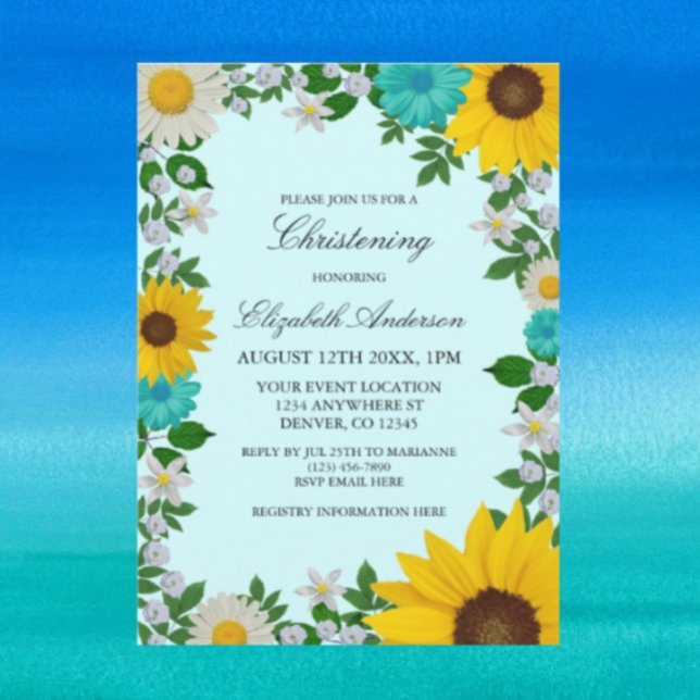 Rustic Sunflower Daisy Floral Christening Invitation (Creator Uploaded)